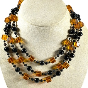 Vintage 1950s 3 stand Hand strung black and honey Amber CZECH Glass Necklace