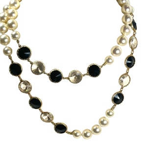 Vintage 1980s Pearl Large black & clear faceted swarovski crystal bead necklace