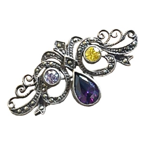 Vintage sterling silver 925 marcasite Amethyst & crystal stone brooch