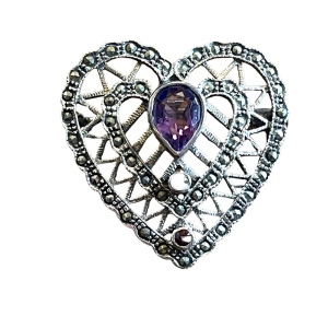 Vintage Amethyst sterling silver ornate marcasite heart brooch