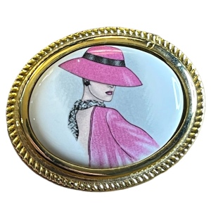 Italian ceramic gold finish hand painted Lady cameo brooch