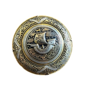 Vintage Damascene Spain viking brooch gold plated emameled