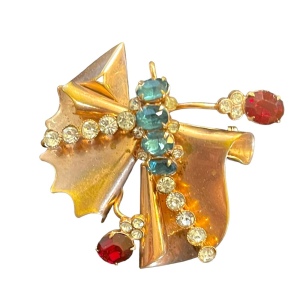 Antique Art Deco copper Rhinestone Paste glass crystal BOW fan brooch pendant