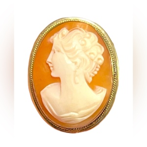 Vintage 12k Gold filled 1960s Carved Shell Cameo Goddess Left facing brooch pend