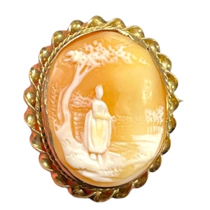 Antique Gold filled Brooch carved shell CAMEO Victorian Lady under tree