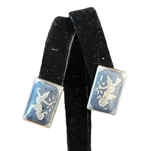 Vintage sterling silver 925 Siam sterling black enamel goddess earrings clip ons