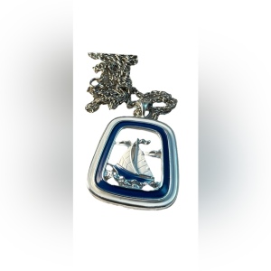 Vintage Sail boat silver tone pendant necklace nautical enamel boat