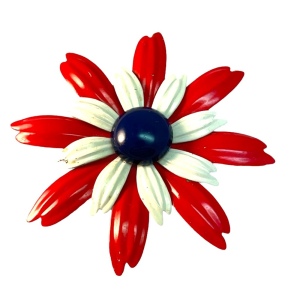 Vintage RWB Metal flower C1960s Brooch Red white blue nautical Patriotic