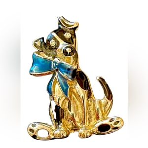 Silver enameled doggy dog with bow fancy gift brooch holiday