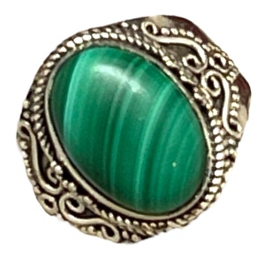 Sterling silver fancy ornate Malachite ring Bali Balenisian 925