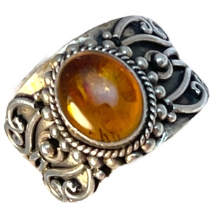 Sterling silver fancy cigar band amber ring