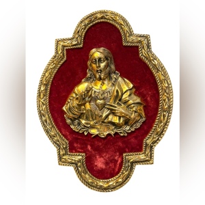 Vintage Solid Brass Frame 3D BRASS Jesus Sacred Heart red velvet Heavy picture