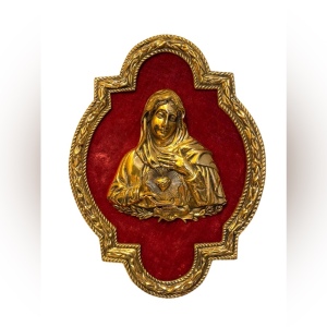 Vintage Virgin Mary Sacred Heart Solid BRASS frame 3D Brass picture red Velvet