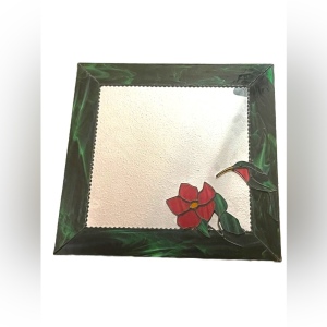 Vintage Handmade Artisan Green Stained glass humming bird Wall mirror 16” Square