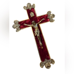 Vintage 1930s Solid heavy Brass Ornate wall Crucifix Red velvet Jesus Catholic