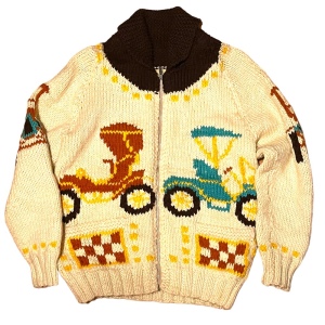 Vintage Handmade Knitted Antique Car Intarsia sweater Cardigan White zipper