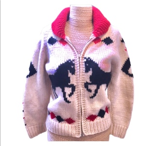 Vintage Hand knit wool Horse sweater zip up 1950s Hand knitted Cardigan