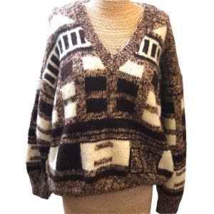 Large Wool Hand knit Vintage sweater slouchy NICE geometric print Hand knitted