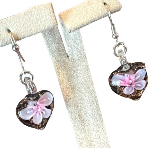 Lovely heart flower handmade glass dangle earrings silver finish