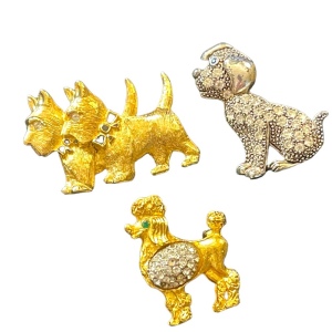 Lot of 3 pcs Vintage rhinestone dog brooches poodle schnauzer gold & silver