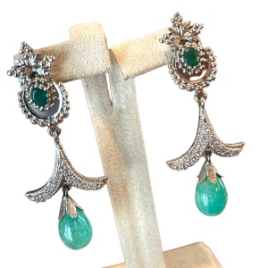 Silver finish Adventurine & emerald green crystal rhinestone dangle fancy party