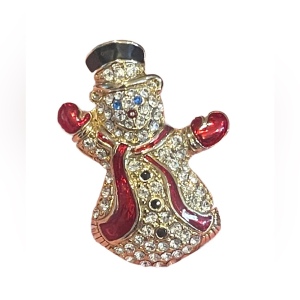 Vintage Monet rhinestone swarovski crystal enameled snowman brooch gold finish