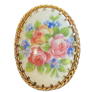 Vintage Ceramic flowers Limoges France transfer cameo brooch Lovely! gold finish