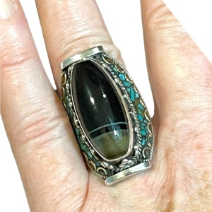 Vintage Sterling silver 925 Chunky oval Black striped onyx turquois coral ring