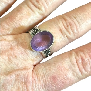 Orante scroll design sterling silver 925 large amethyst handmade ring