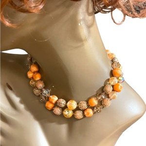 Vintage Fancy orange bead Vendome pumpkin double strand crystal resin necklace