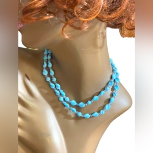 Vintage handmade Blue spiral glass Lampwork crystal bead necklace 2 strand