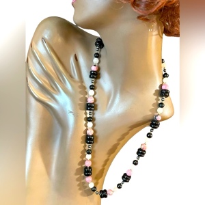 Vintage 1950s Chinese Export Rose Quartz Rhodonite black onyx 925 necklace