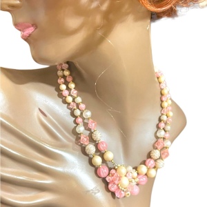 Lovely West Germany pink faux fancy double strand resin necklace choker