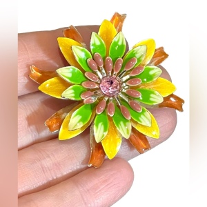 So fun Vintage 1960s Colorful enameled metal fancy flower brooch