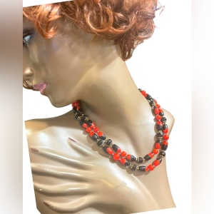 Vintage 1950s Heavy Italian Murano red black bead necklace 2 strand sterling