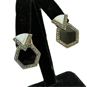 Vintage Black onyx MOP Sterling silver 925 MG marcasite earrings