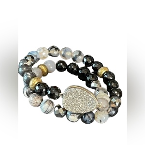 Sterling silver Druzy Agate onyx hematite double wrap stretch bracelet