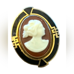 Stunning Antique Gold finish enameled Resin Cameo Art deco design brooch LG