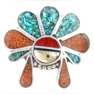 Vintage 1950s coral turquois sterling silver 925 Sun Face Zuni Native ring