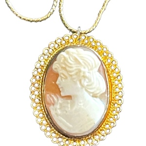 Vintage Gold filled GF sterling silver 925 Shell cameo brooch pendant necklace