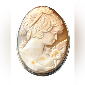 Gigantic Art Deco Antique carved lady shell cameo 800 Silver brooch pendanf