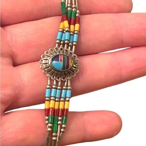 Vintage Native Southwestern ZUNI Seed bead Sterling silver stone Inlay bracelet