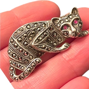 Vintage sterling silver 925 BOMA Cat kitty Marcasite antiqued brooch