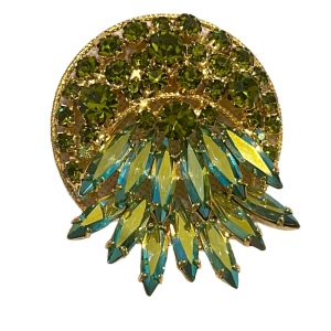 Vintage dancy 1960s peridot green Crystal AB Japanned brooch gold finish