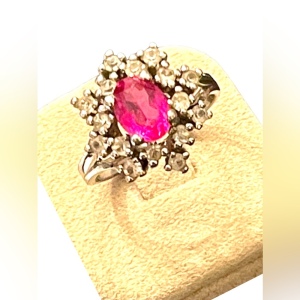 Vintage Simulated Pink sapphire CZ Fancy cluster dinner ring sterling silver 925