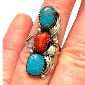 Vintage Sterling silver 925 Navajo Old Pawn coral Turquoise ring Southwestern