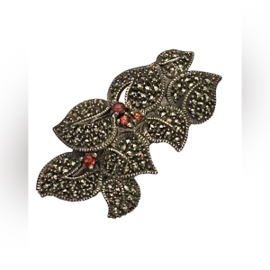 Vintage sterling silver 925 Black oxidized marcasite garnet flower brooch