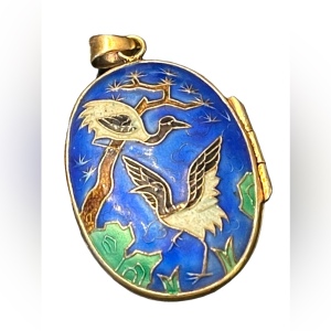 Antique Silver Chinese export Cloissone Birds of paradise enameled locket RARE