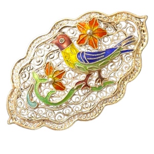 Antique Silver Chinese export filagree cloissone Bird brooch enameled RARE