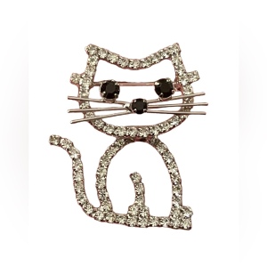 Vintage crystal rhinestone cat kitty brooch silver finish